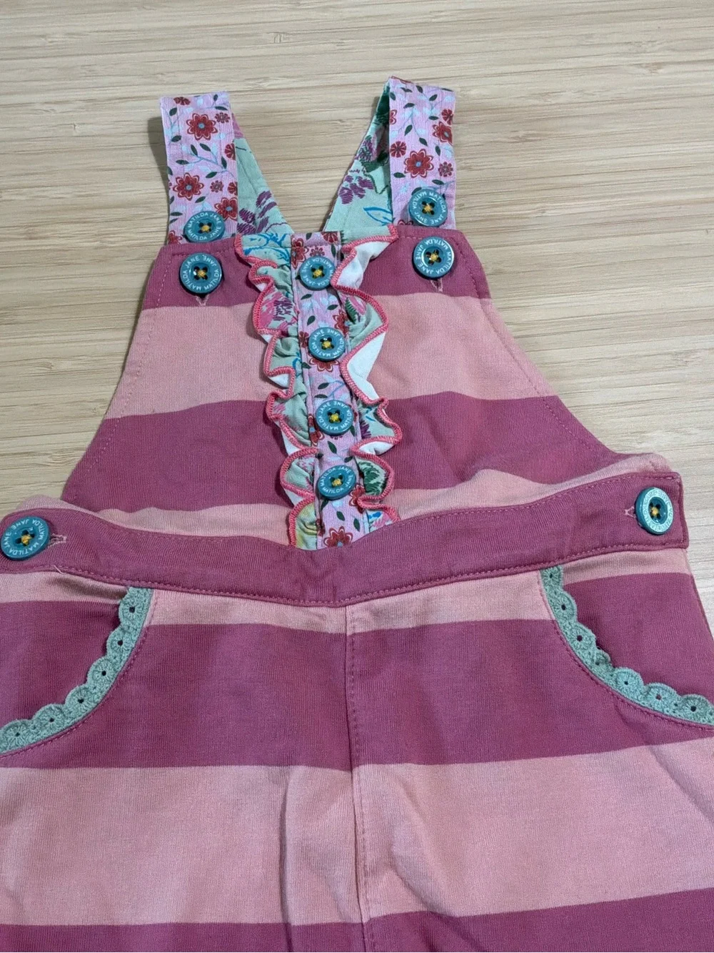 Matilda Jane Pink and Rose Striped Overalls—12-18mo